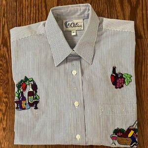 Las Olas Women’s Winery appliqué striped button front shirt blue white / sz M